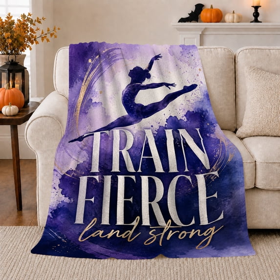 Motivational Gymnast Design Train Fierce Land Strong Text, Dramatic Artistic Scene, Warm Flannel Blanket for Home Library and Reading Nook, Art Lovers Housewarming Gift, Artistic Home Decor
