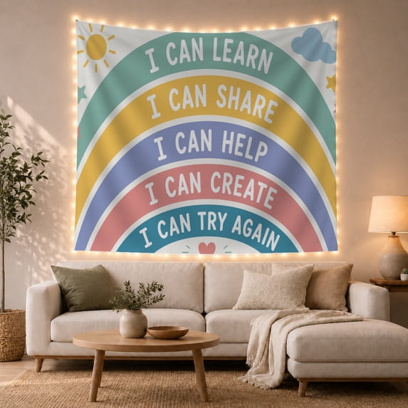 Motivational "I Can" Rainbow Phrases with Off-White Background, Whimsical Illustration for Kids Room, Positive Affirmation Wall Art, Birthday Gift Tapestry Wall Hanging for Nursery and Classroom