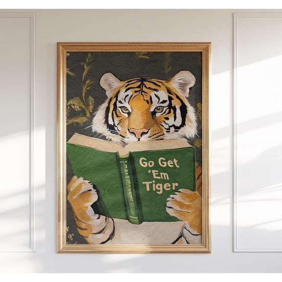 Motivational Library Office Tiger Reading Print, Unframed Canvas Size 12x18