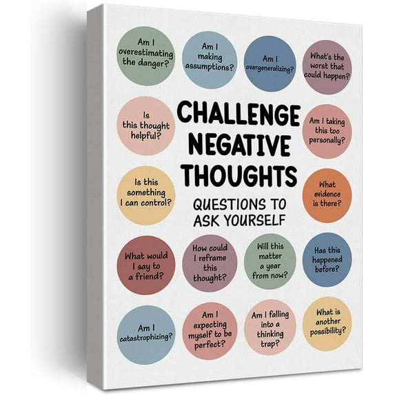 Motivational Mental Health Wall Art Therapy Office Decor Challenging Negative Thoughts Framed Canvas Print Painting Picture Wall & Tabletop Decoration 12"x15"