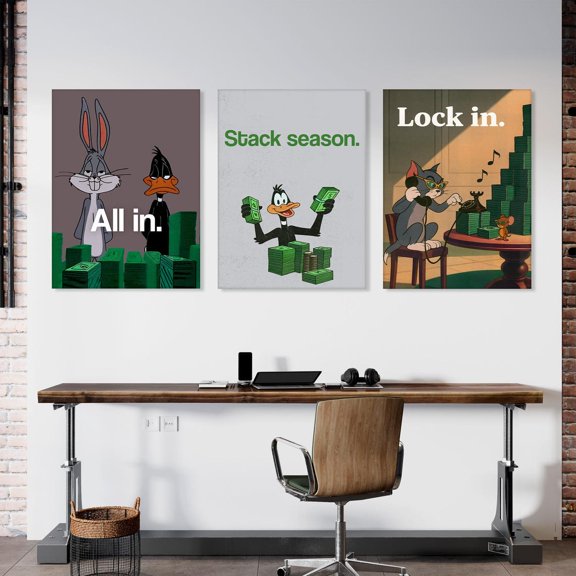 Motivational Money Wall Art Bundle Lock In Stack Season All In Prints Vintage Cartoon Style Poster Set Poster Set 3