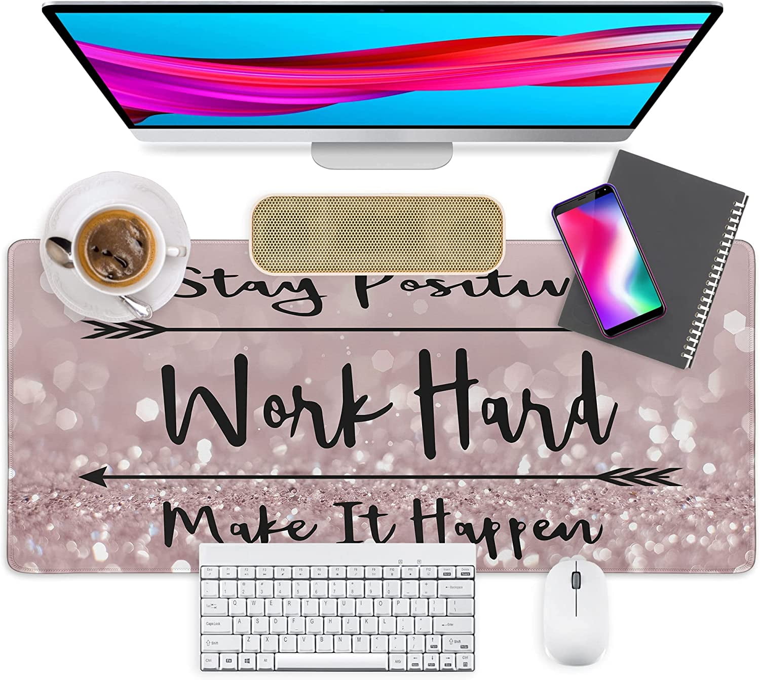Motivational Mouse Pad Stay Positive Work Hard Make It Happen Mousepad Large Non Slip Rubber with Stitched Edges Desk Mouse mat for Computer Laptop Office Home Pink 31.5x15.7 in Walmart
