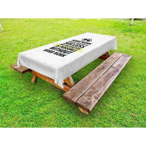 Motivational Outdoor Tablecloth, Hard Work Success Inspirational Quote Grunge Theme Typographic Concept, Decorative Washable Fabric Picnic Table Cloth, 58 X 84 Inches,Yellow Black White, by Ambesonne
