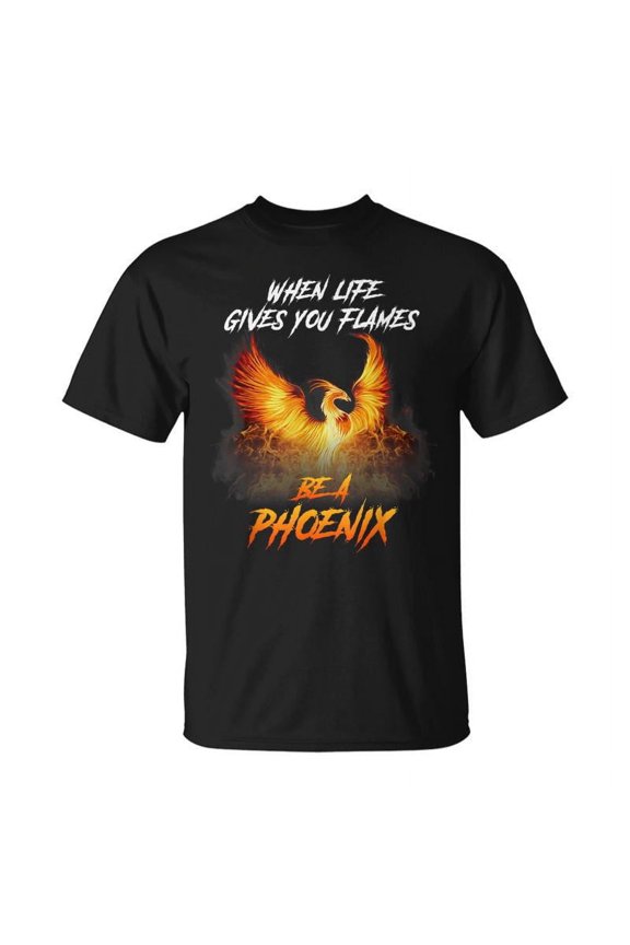 Motivational Phoenix Rising Graphic Tee - Inspirational Fire Bird Quote Retro Black Unisex T-Shirt for Men and Women