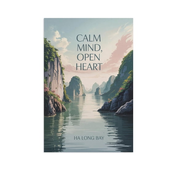 Motivational Poster Ha Long Bay Zen Inspirational Quote Calm Mind, Open Heart Meditation Yoga Wall Art for Bedroom Living Room Office Print Poster