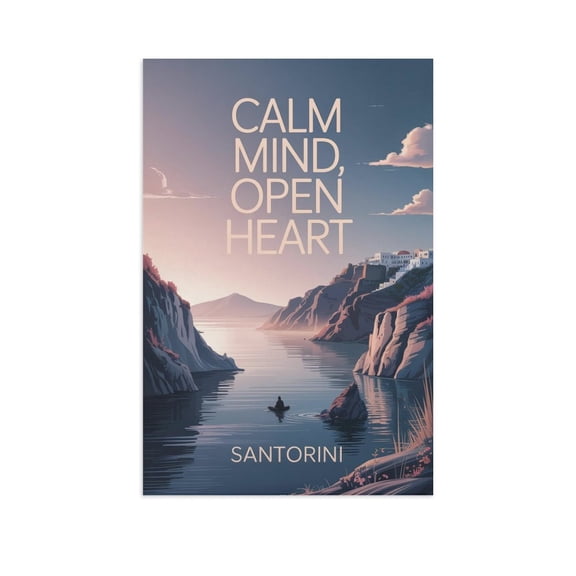 Motivational Poster Santorini Zen Inspirational Quote Calm Mind, Open Heart Meditation Yoga Wall Art for Bedroom Living Room Office Print Poster