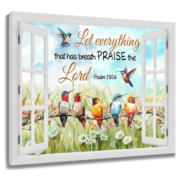 NEONWE Motivational Quote Bird Wall Art Bible Verse with Hummingbird Flower Canvas Rustic Window Blue Sky Framed Wall Art for Living Room Bedroom Bathroom Home Decor Ready to Hang,10x8 Inches