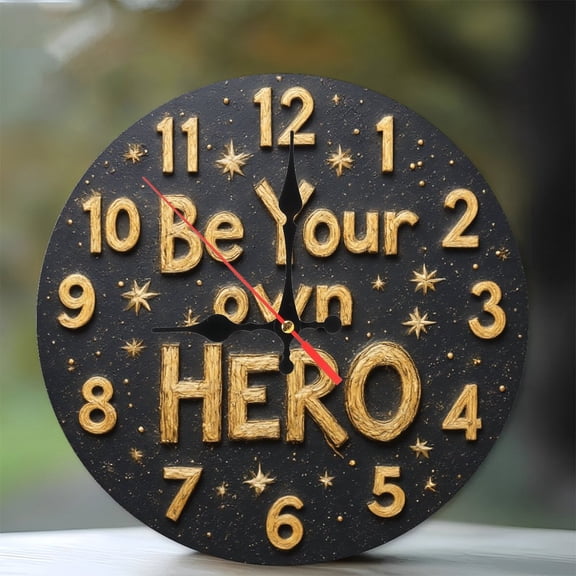 Motivational Quote Clock Be Your Own Hero Wall Decor 10-Inch Silent Wooden Wall Clock, Battery Operated (AA Batteries Not Included), Artistic Home Decor