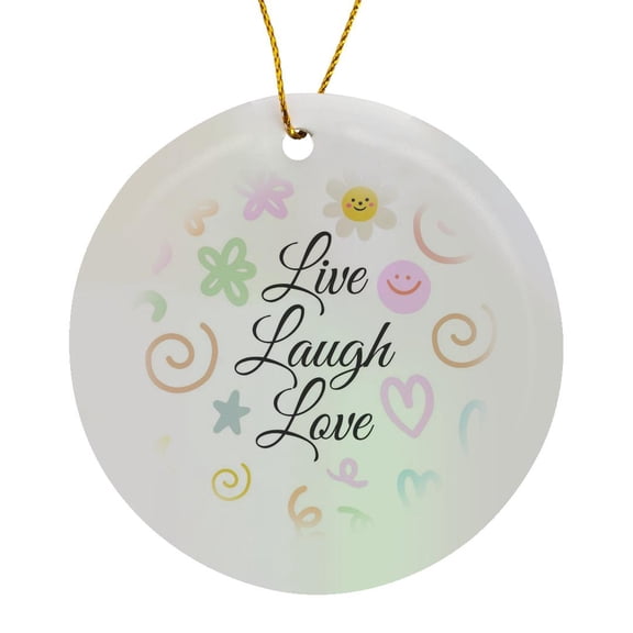 3drose, Motivational Quote Live Laugh Love with Cute Icons, Circle Porcelain Ornament
