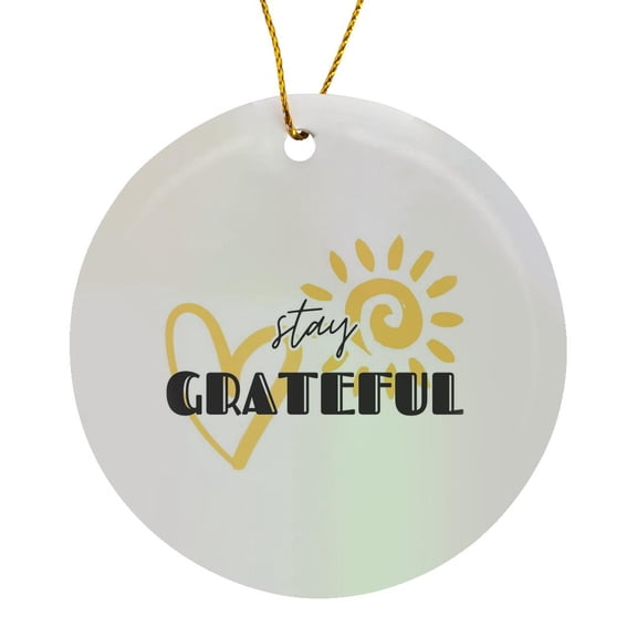 3drose, Motivational Quote Stay Grateful with Sun and Heart Icon, Circle Porcelain Ornament