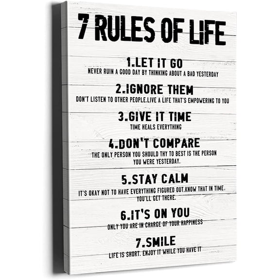 Motivational Quotes Wall Decor 7 Rules of Life Inspirational Great Motto Canvas Print Canvas Wall Art Framed 12x16 inch Framed Ready to Hang White