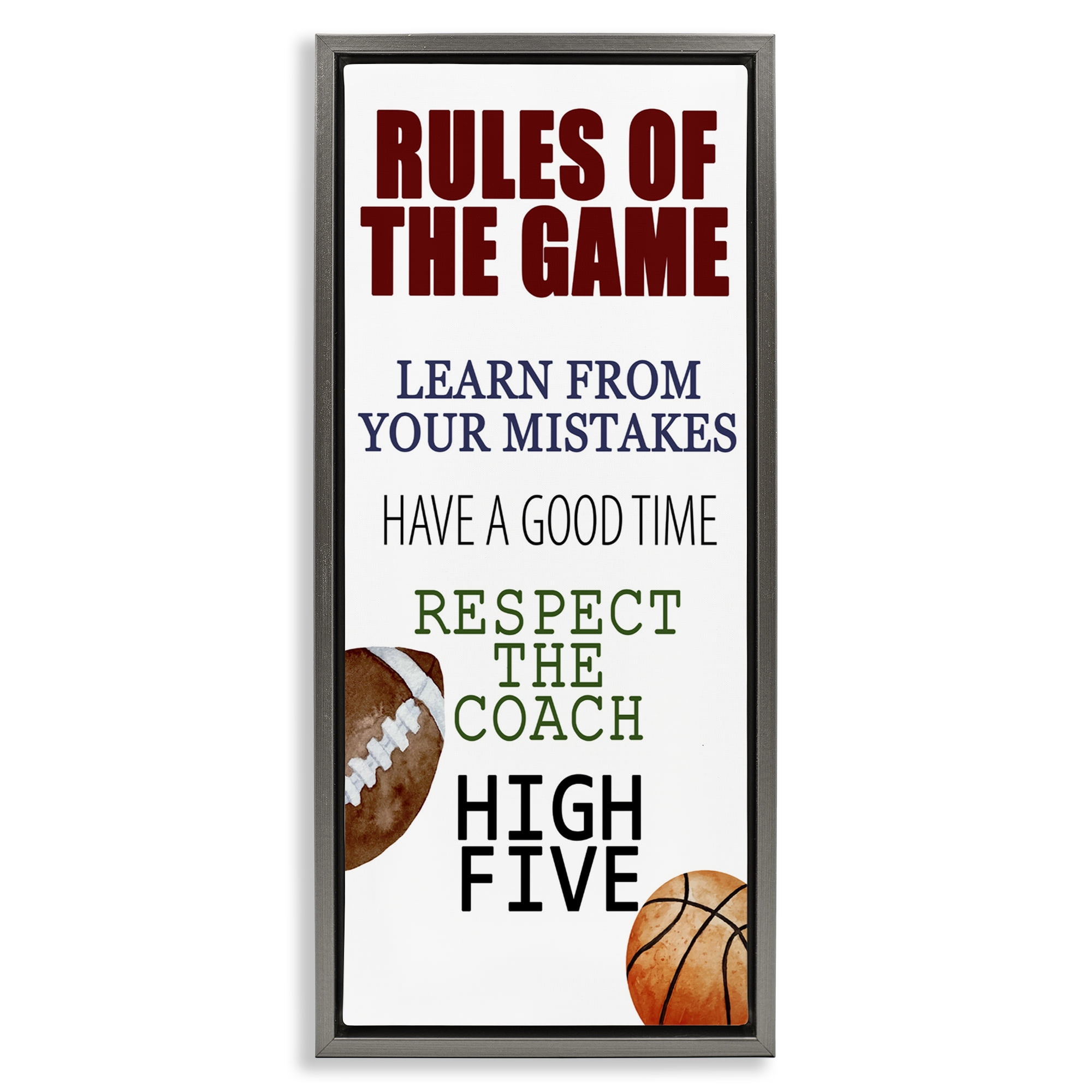Motivational Rules Of The Game Gray Framed Floater Canvas Wall Art, design by Kim Allen