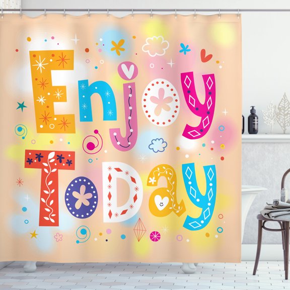 Motivational Shower Curtain, Enjoy Today Quote Typography Ornamented with Doodle Stars Hearts Clouds Flower, Fabric Bathroom Set with Hooks, 69W X 84L Inches Extra Long, Multicolor, by Ambesonne