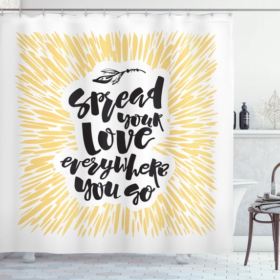 Motivational Shower Curtain, Spread Your Love Everywhere You Go Quote with Artistic Lettering, Fabric Bathroom Set with Hooks, 69W X 84L Inches Extra Long, Black White and Apricot, by Ambesonne