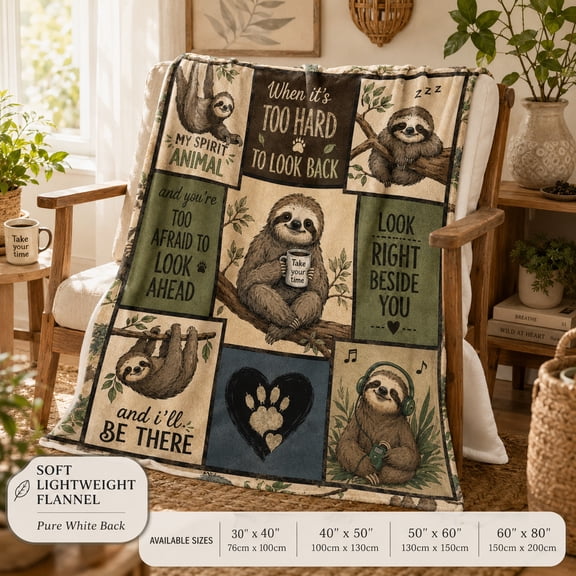 Motivational Sloth Patchwork Blanket, Rustic Flannel Throw with Botanical Animal Panels and Positive Sayings for Couch, Reading and Relaxing, 30 x 40 in