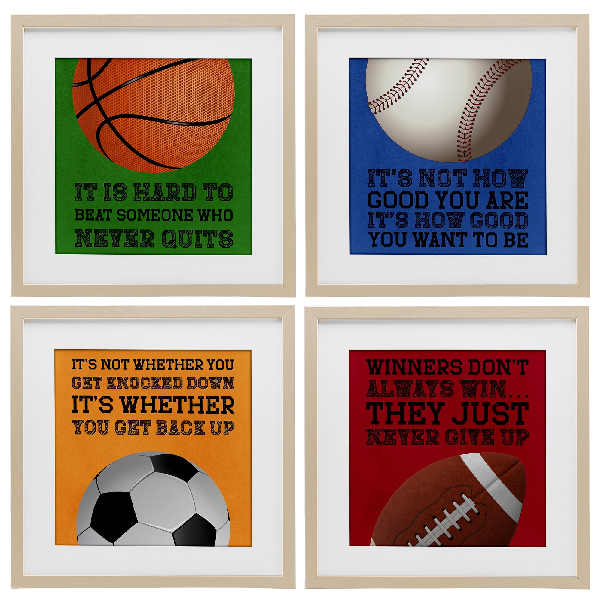Motivational Sports Determination 4 Piece Birch Framed Print Under Glass Set, design by Marcus Prime