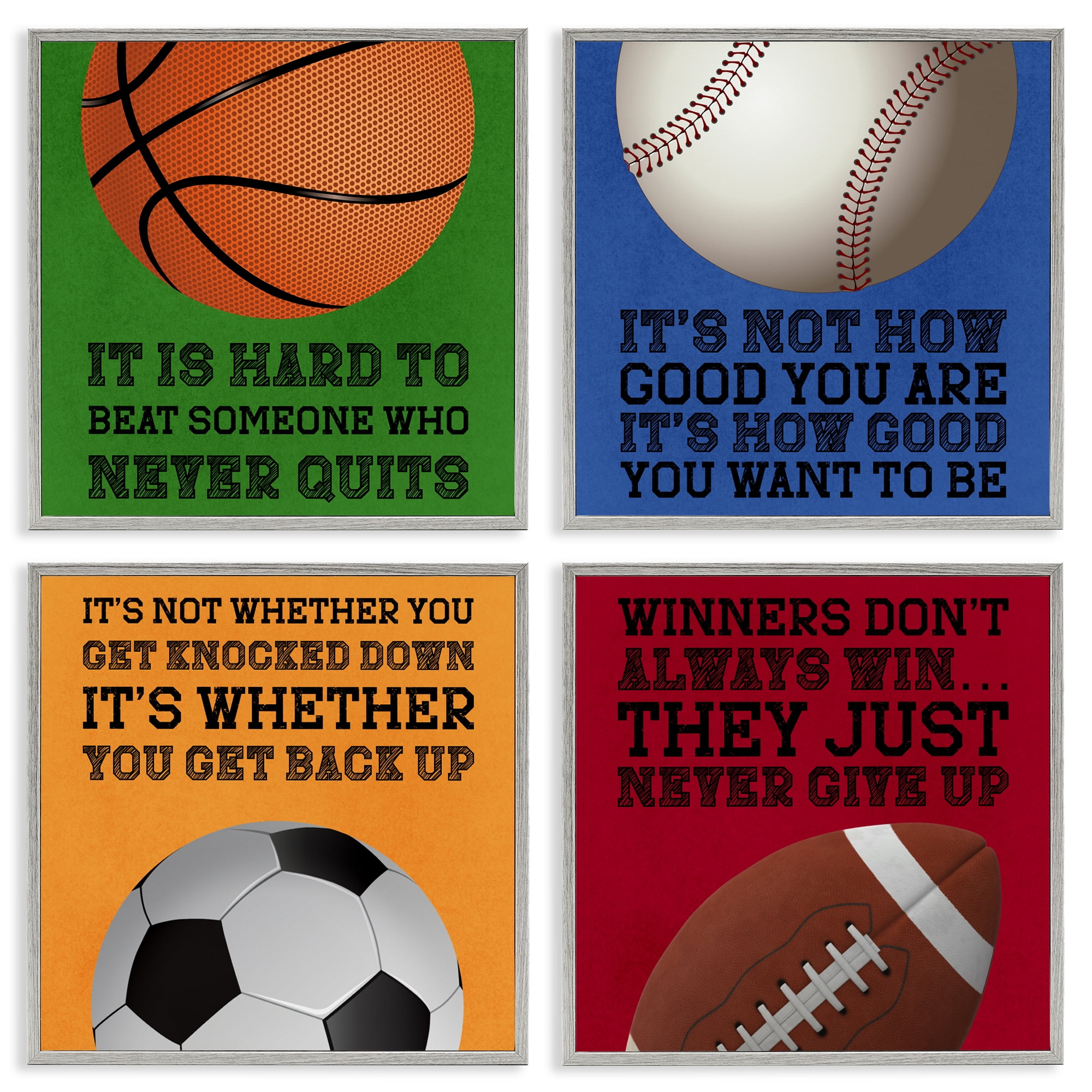 Motivational Sports Determination 4 Piece Gray Framed Giclee Art Set, design by Marcus Prime