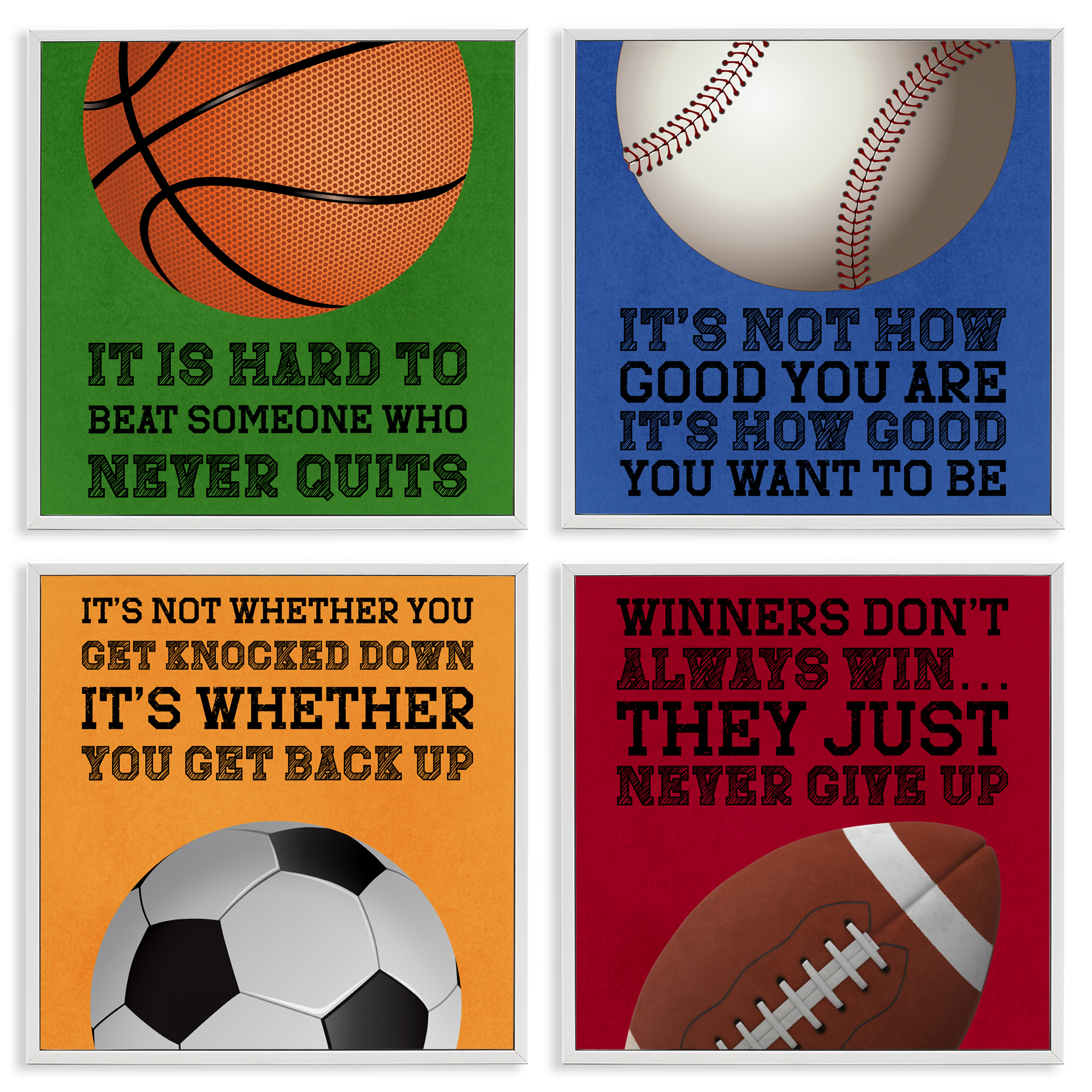 Motivational Sports Determination 4 Piece White Framed Giclee Art Set, design by Marcus Prime