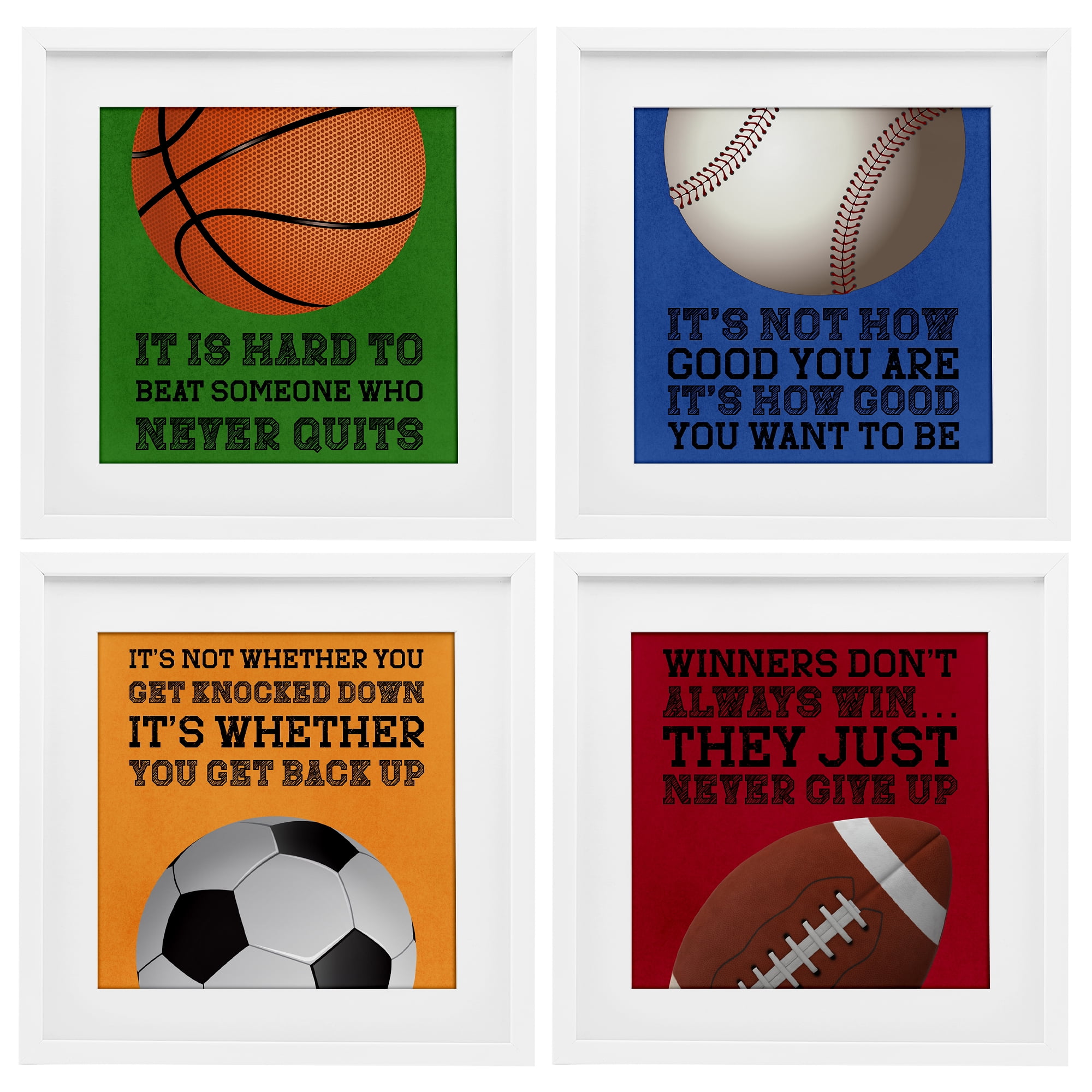 Motivational Sports Determination 4 Piece White Framed Print Under Glass Set, design by Marcus Prime