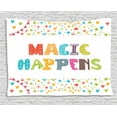 thumbnail image 1 of Motivational Tapestry, Inspirational Quote Magic Happens Ornamented with Cute Doodle Flags and Hearts, Wall Hanging for Bedroom Living Room Dorm Decor, 60W X 40L Inches, Multicolor, by Ambesonne, 1 of 2
