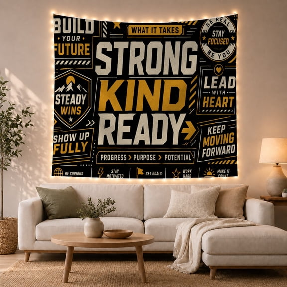 Motivational Typographic Collage with Bold Text Against Black Background, Energetic Abstract for Kids Inspirational Wall Art, Back to School Gift Tapestry Wall Hanging for Classroom and Dorm