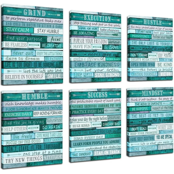 Motivational Wall-Art For Office - Teal Canvas Wall Art - Modern Art Wall Decor Ready To Hang Size 12" x 16"x 6 Pieces