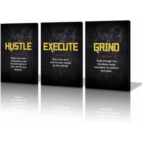 Motivational Wall Art, Grind Hustle Execute Inspirational Wall Art, Inspiring Framed Prints Inspirational Quotes for Wall Art Decoration Ready to Hang, 12x16inx3pcs, 3p-gold-ghe-30