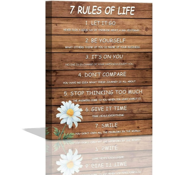 Motivational Wall Art for Man Office 7 Rules of Life Wooden Planks Background Inspirational Wall Art for Bedroom Bathroom Dining Room Gallery Wrapped Positive Quotes Rustic Wall Decor Framed 12x16inch