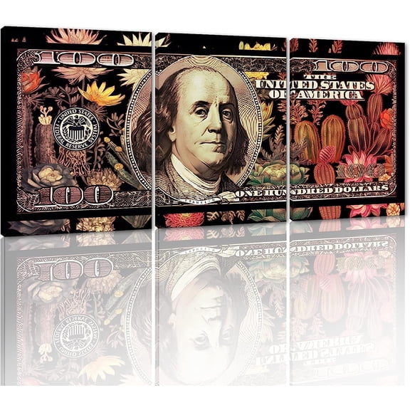 Motivational Wall Art Money Wall Decor set of 3 Colorful Botanical Plants Wall Decor Vintage Money Poster Abstract 100 Dollars Bill Poster Creative One Hundred Dollar Print Ready to Hang-12"x16"in
