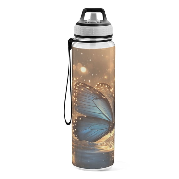 Motivational Water Bottle 32 oz with Straw, BPA Free Reusable Fitness Sport Bottle Perfect for Travel, School, Outdoors, and Gym Four Dark Blue Butterflies