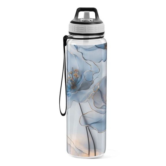 Motivational Water Bottle 32 oz with Straw, BPA Free Reusable Fitness Sport Bottle Perfect for Travel, School, Outdoors, and Gym Blue Translucent Petals