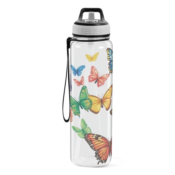 Motivational Water Bottle 32 oz with Straw, BPA Free Reusable Fitness Sport Bottle Perfect for Travel, School, Outdoors, and Gym Four Orange Butterflies