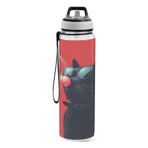 Motivational Water Bottle 32 oz with Straw, BPA Free Reusable Fitness Sport Bottle Perfect for Travel, School, Outdoors, and Gym The Cat Wearing Sunglasses