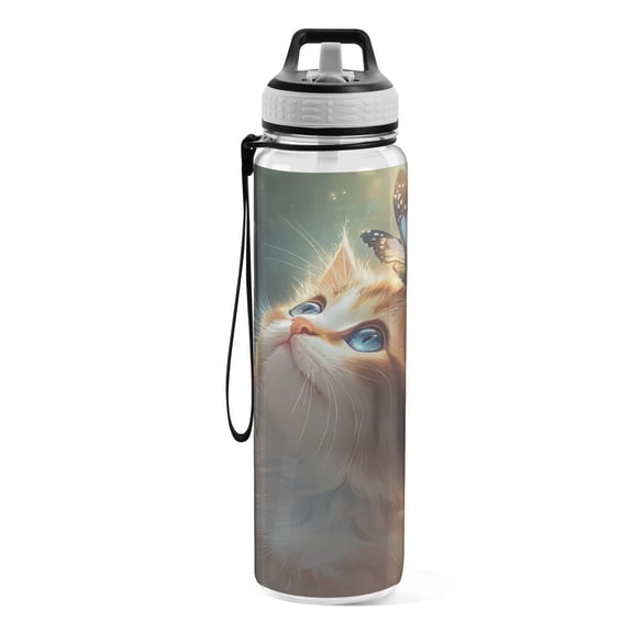 Motivational Water Bottle 32 oz with Straw, BPA Free Reusable Fitness Sport Bottle Perfect for Travel, School, Outdoors, and Gym Two Golden-coloured Cats