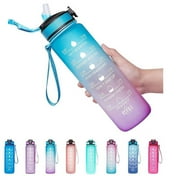 Motivational Water Bottle 32 oz with Straw & Time Marker, BPA Free & Leakproof Tritan Portable Reusable Fitness Sports Water Jug for Men Women & Kids, BLUE+PURPLE