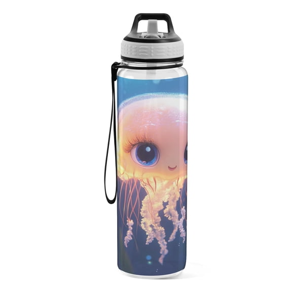 Motivational Water Bottle 32 oz with Straw, BPA Free Reusable Fitness Sport Bottle Perfect for Travel, School, Outdoors, and Gym A Big-eyed Jellyfish