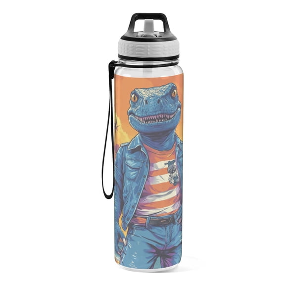Motivational Water Bottle 32 oz with Straw, BPA Free Reusable Fitness Sport Bottle Perfect for Travel, School, Outdoors, and Gym A Blue Dinosaur