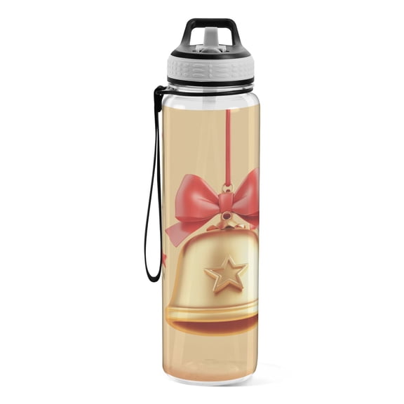 Motivational Water Bottle 32 oz with Straw, BPA Free Reusable Fitness Sport Bottle Perfect for Travel, School, Outdoors, and Gym A Bow Christmas Bell