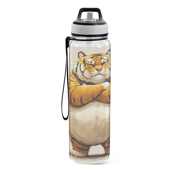 Motivational Water Bottle 32 oz with Straw, BPA Free Reusable Fitness Sport Bottle Perfect for Travel, School, Outdoors, and Gym A Chubby Tiger