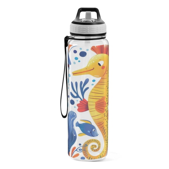 Motivational Water Bottle 32 oz with Straw, BPA Free Reusable Fitness Sport Bottle Perfect for Travel, School, Outdoors, and Gym A Seahorse