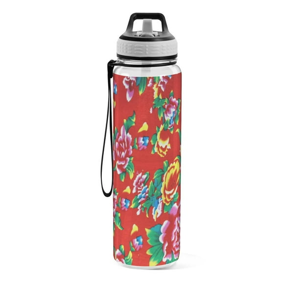 Motivational Water Bottle 32 oz with Straw, BPA Free Reusable Fitness Sport Bottle Perfect for Travel, School, Outdoors, and Gym Big Red Flowers