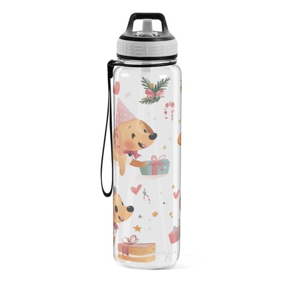 Motivational Water Bottle 32 oz with Straw, BPA Free Reusable Fitness Sport Bottle Perfect for Travel, School, Outdoors, and Gym Christmas Puppy