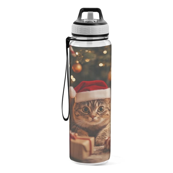 Motivational Water Bottle 32 oz with Straw, BPA Free Reusable Fitness Sport Bottle Perfect for Travel, School, Outdoors, and Gym Chubby Cat