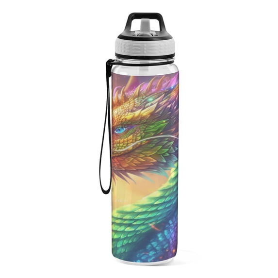 Motivational Water Bottle 32 oz with Straw, BPA Free Reusable Fitness Sport Bottle Perfect for Travel, School, Outdoors, and Gym Colorful Dragon