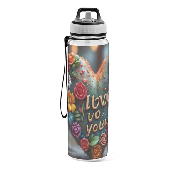 Motivational Water Bottle 32 oz with Straw, BPA Free Reusable Fitness Sport Bottle Perfect for Travel, School, Outdoors, and Gym Four Roses Bouquet