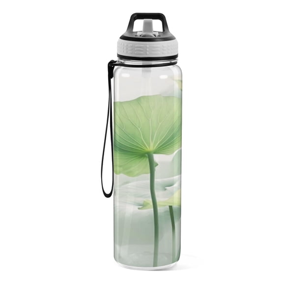 Motivational Water Bottle 32 oz with Straw, BPA Free Reusable Fitness Sport Bottle Perfect for Travel, School, Outdoors, and Gym Green Lotus Leaf