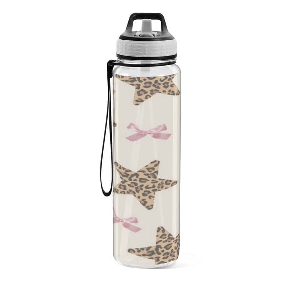 Motivational Water Bottle 32 oz with Straw, BPA Free Reusable Fitness Sport Bottle Perfect for Travel, School, Outdoors, and Gym Leopard Print Stars