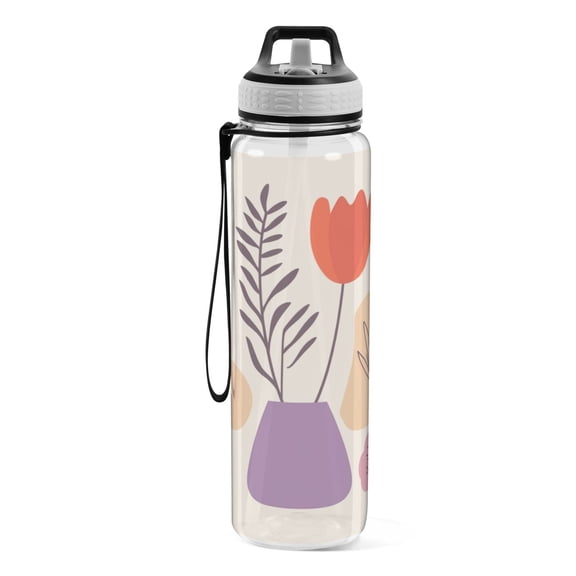 Motivational Water Bottle 32 oz with Straw, BPA Free Reusable Fitness Sport Bottle Perfect for Travel, School, Outdoors, and Gym Light Red Flowers