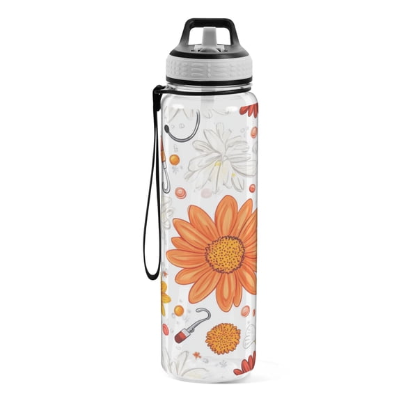 Motivational Water Bottle 32 oz with Straw, BPA Free Reusable Fitness Sport Bottle Perfect for Travel, School, Outdoors, and Gym Two Cartoon Flowers