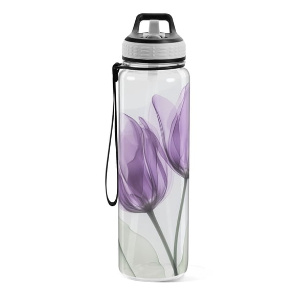 Motivational Water Bottle 32 oz with Straw, BPA Free Reusable Fitness Sport Bottle Perfect for Travel, School, Outdoors, and Gym Two Purple Lilies